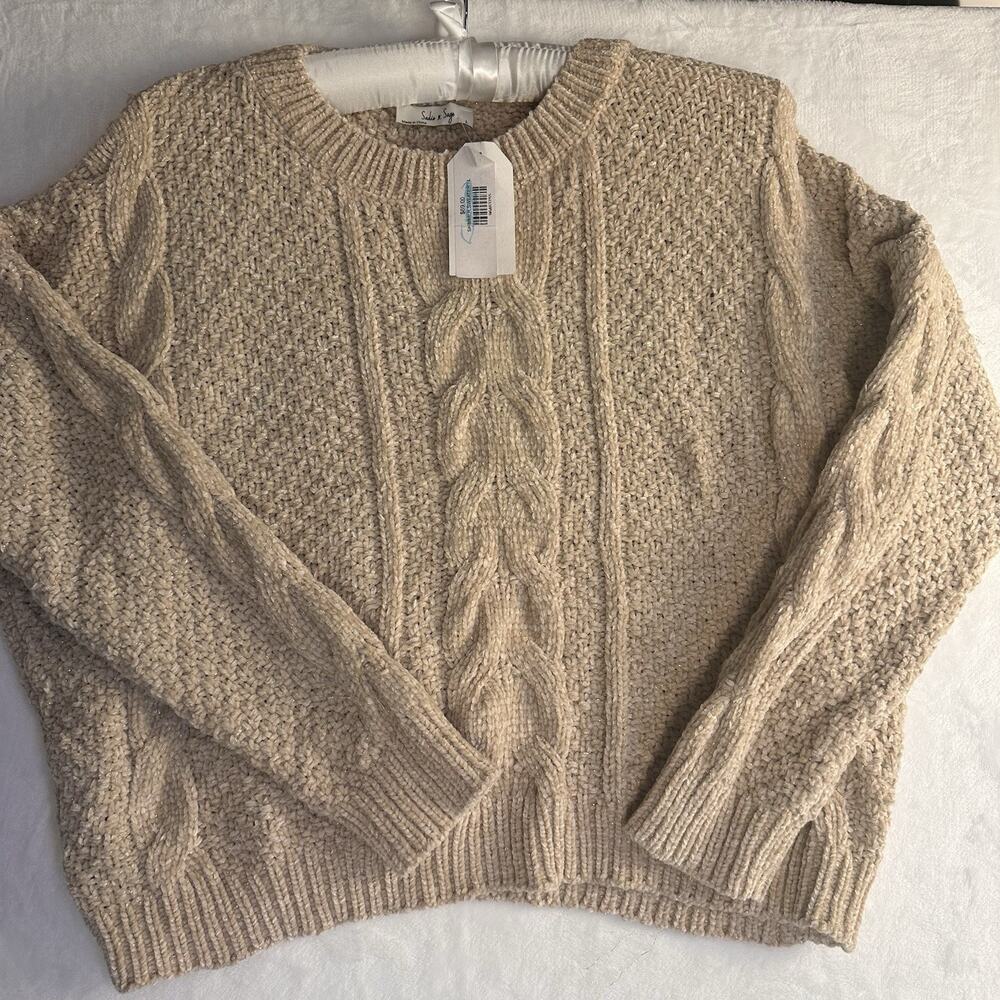 SADIE & SAGE BOUTIQUE OATMEAL GOLD SHIMMER CABLE KNIT CHENILLE SIZE L SWEATER